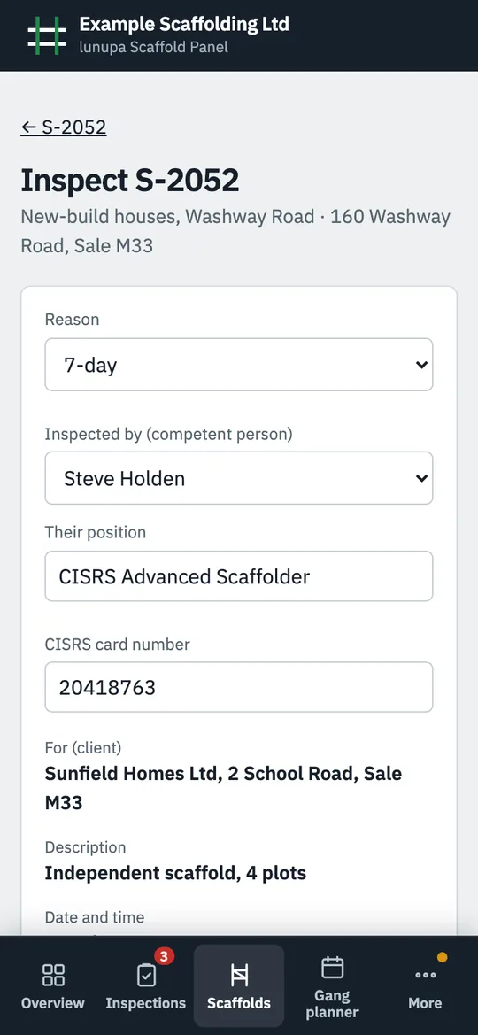 Inspection form on a phone.