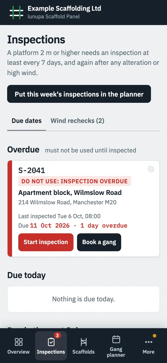 The 7-day list on a phone: one scaffold overdue, marked do not use.