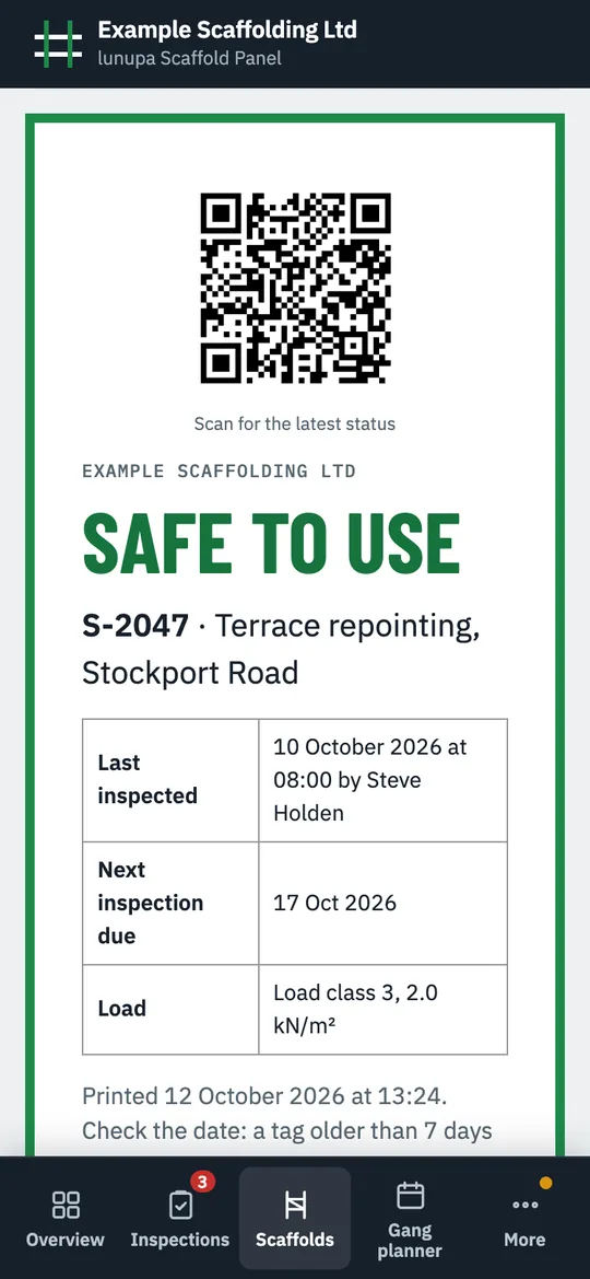 A printable scaffold tag that says safe to use, with a QR code, the last inspection and the next due date.
